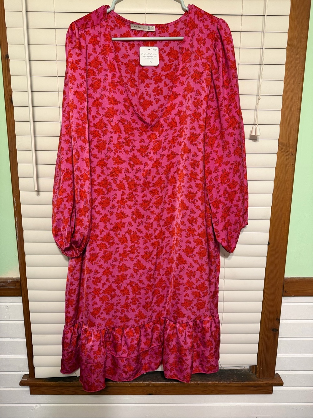 Black Tape_ Pink Dress with Red Floral Print, Long Sleeve V-Neck